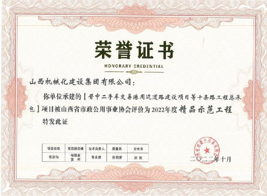 山西建投機械化集團4個項目獲評2022年度“精品示范工程”