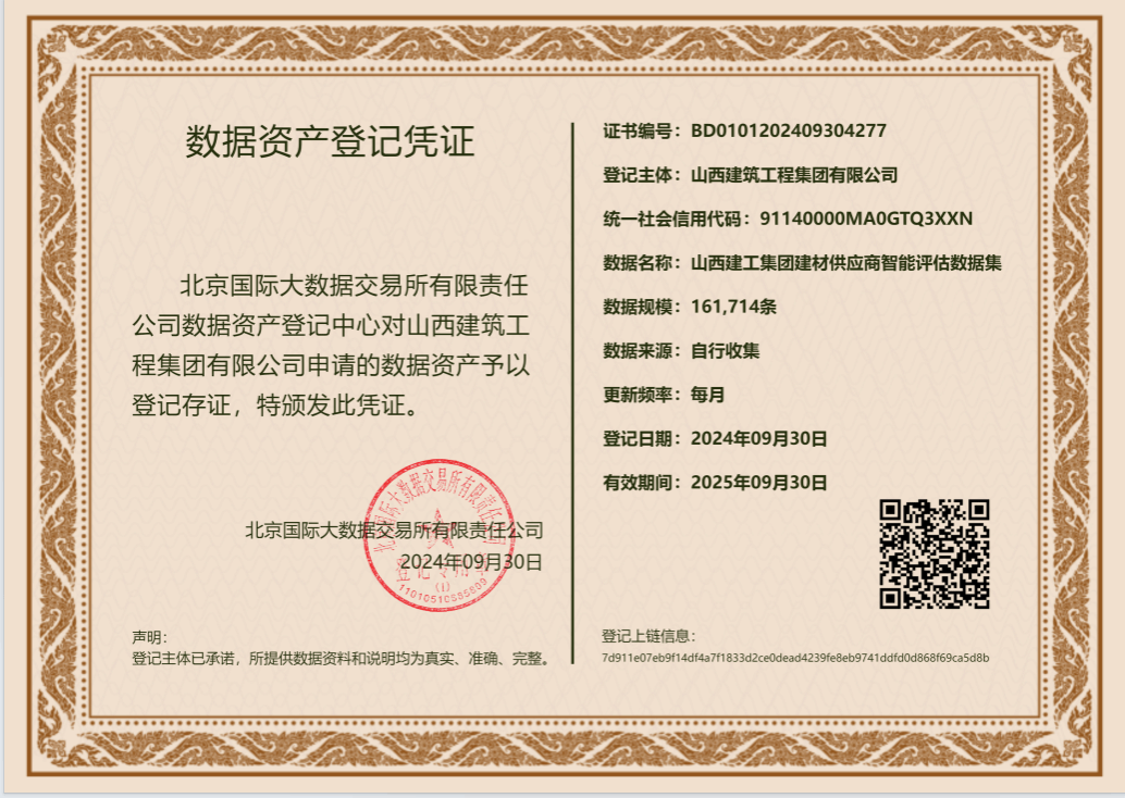 山西建投建工集團成功實現(xiàn)首例山西省建筑施工領(lǐng)域數(shù)據(jù)資產(chǎn)入表并登記