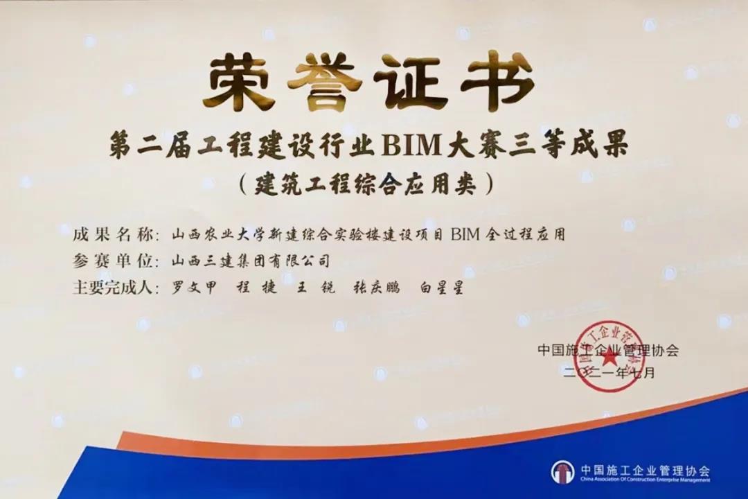 山西建投三建集團(tuán)榮獲第二屆工程建設(shè)行業(yè)BIM大賽三等獎(jiǎng)